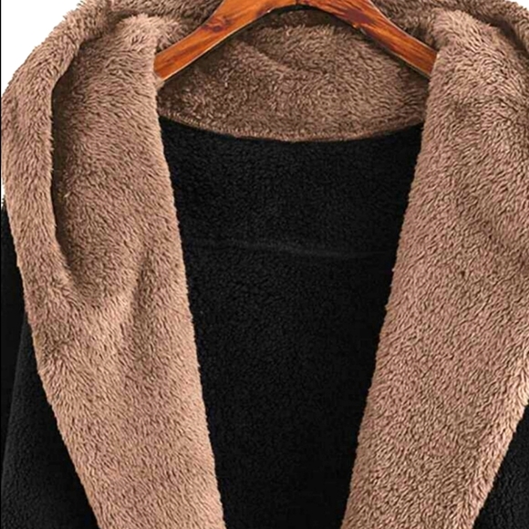 Emery Rose : Black and Tan Open Front Fuzzy Hooded Teddy Sweater Jacket XL - Picture 6 of 7
